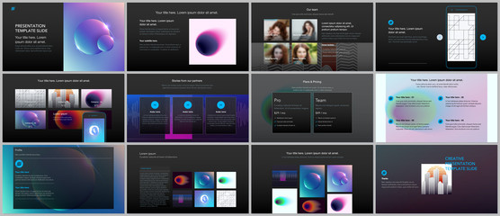 Minimal presentations, portfolio templates with colorful gradient blurs and geometric backgrounds. Brochure cover vector design. Presentation slides for flyer, leaflet, brochure, report, advertising.