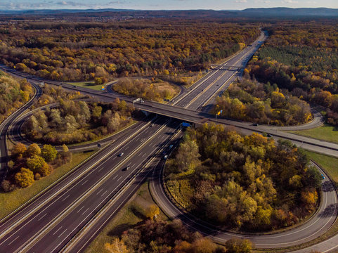 Aerial top view of the intersection of highways in Germany