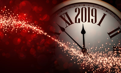 Red shiny bokeh 2019 New Year background with clock.