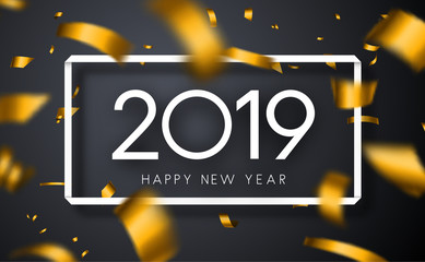 Happy New Year 2019 greeting card with golden blurred confetti.