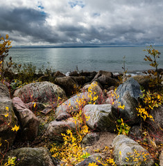 Approaching the winter cold on the lake, panorama.