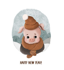 Cartoon New Year card with a pig