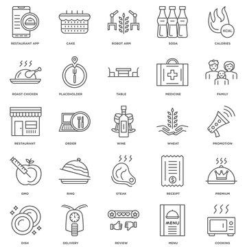 25 linear icons related to Cooking, Menu, Review, Delivery, Dish