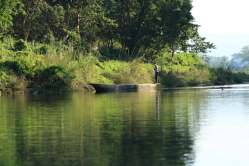 Man canoeing safari on wooden boat Pirogues on the Rapti river, in Chitwan National Park, Nepal