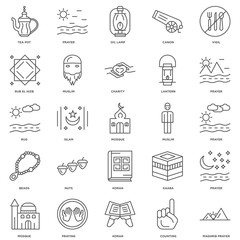 25 linear icons related to Maghrib prayer, Counting, Koran, Pray