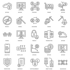 25 linear icons related to Blockchain, Bitcoin, Mining, Protecti