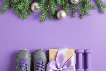 Christmas sport composition dumbbells sneakers branches concept healthy lifestyle