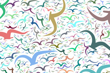 Conceptual background flying birds for design catalog or texture. Messy, wallpaper, colorful & style.