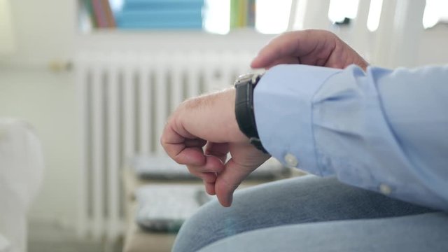 Manager in Office Stay and Wait Looking to Hand Watch Checking Time