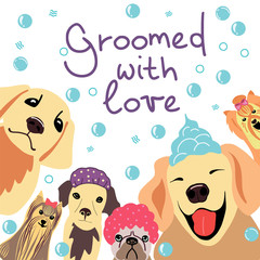 raster  image with happy dogs and hand drawn phrase Groomed with love