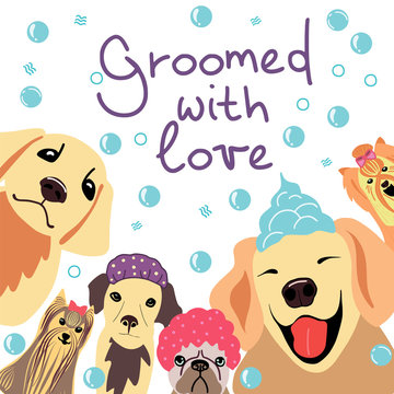 raster  image with happy dogs and hand drawn phrase Groomed with love