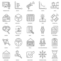 25 linear icons related to Sand Clock, Documents, Phone Call, Gr