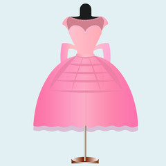 Pink birthday party dress with bow. Fashion illustration for invitation card