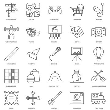 25 linear icons related to Toy train, Parachuting, Camera, Puzzl
