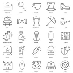 25 linear icons related to Goal, Crown, Hot tea, Rugby, Castle,