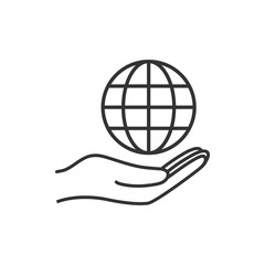 Hand with global icon. Vector illustration, flat design.