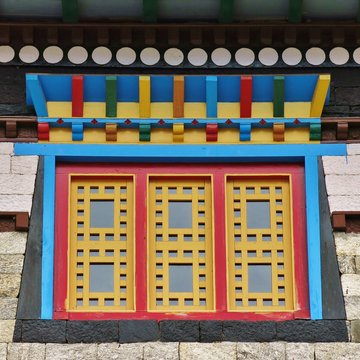 Colorful window of a monastry in the Mount Everest National Park, Nepal.