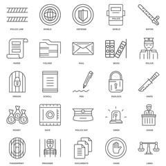 25 linear icons related to Libra, Hand, Documents, Prisoner, Fin