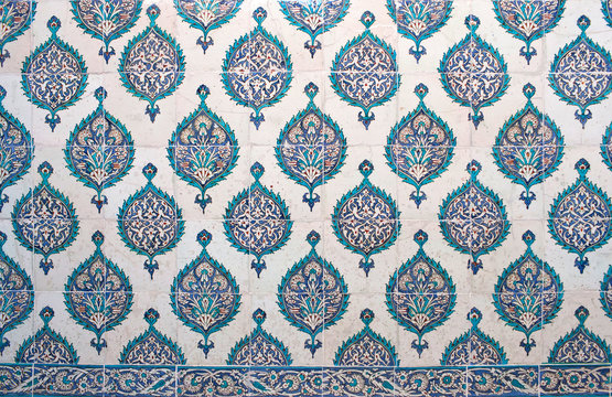 Ancient Iznik lapis tiles with floral pattern close up background