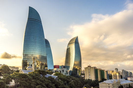 The famous Flames towers in the capital of Azerbaijan, Baku in a late sunset