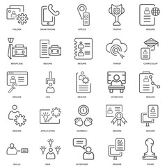 25 linear icons related to Stamp, Resume, Interview, Idea, Skill