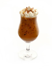 Iced coffee in glass with whipped cream isolated on white background