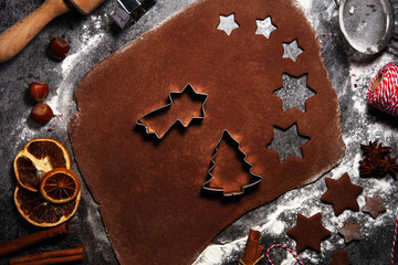 Baking christmas cookies. Typical cinnamon stars bakery for xmas with ingredients.
