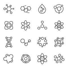 Atoms and molecules icon set. chemical structures, linear icons. Line with editable stroke