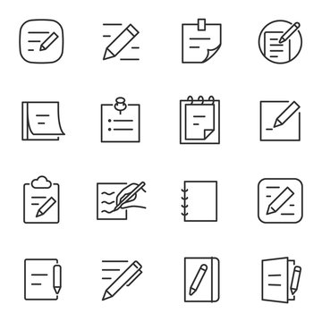 Notepad, icon set. Write a note, linear icons. Line with editable stroke