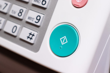 Control panel of office device, fax machine, printer,copy machine, etc. Concept of document processing, office work automatization