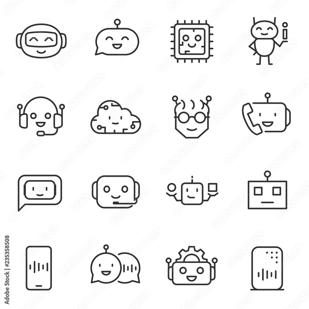 Wall mural bot assistant, icon set. artificial intelligence, linear icons. line with editable stroke