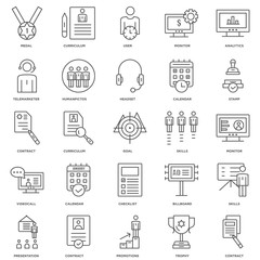 25 linear icons related to Contract, Monitor, Stamp, Curriculum,