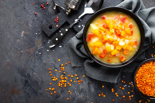 Red lentil soup with vegetables. Vegetarian food