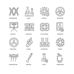 16 linear icons related to Microscope, Radiation, Chromosome, un