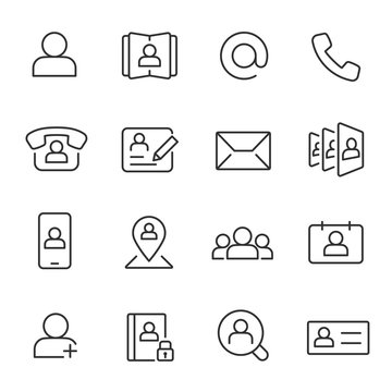 Contact, icon set. Communication and contacts, linear icons. Line with editable stroke