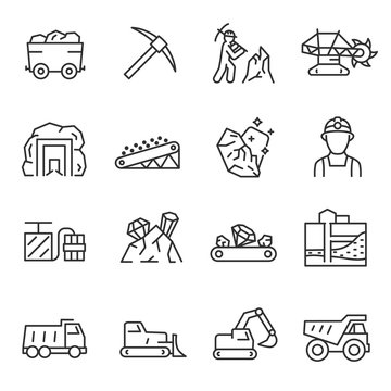 Mining, icon set. Extraction of minerals in the mine and surface, linear icons. Line with editable stroke