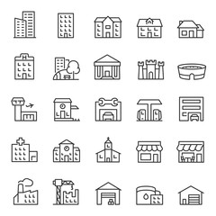 Buildings, icon set. Various city edifices, houses. linear icons. Line with editable stroke