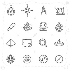 vintage navigation and measuring devices for seafarer, icon set. compass, astrolabe, sextant and others, linear icons. Line with editable stroke