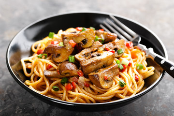 Vegetarian spaghetti bolognese with mushrooms and pepper.