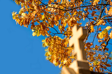 calvary with station of the cross and autumnal tree