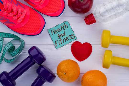 Fitness equipment and healthy food. Fitness and weight loss concept. Starting healthy lifestyle.