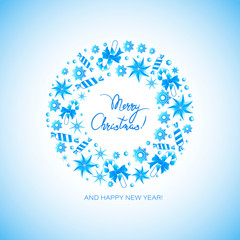 Poster with a Christmas wreath with candies, stars from the ice, precious stones and snowflakes. Design of New Year's invitation card, festive message, concert, entertainment program.