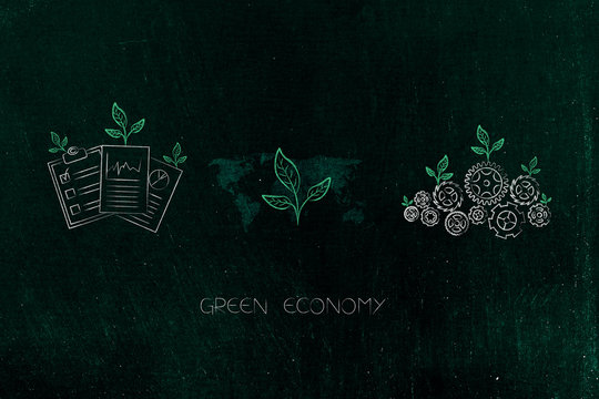 ecology mechanism with leaves growing on gearwheels with green business documents and leaves icon on wordl map in between