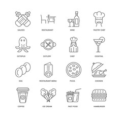 16 linear icons related to Hamburger, Fast food, Ice cream, Coff