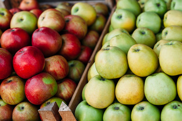 Background from green and red apple. Close-up texture of heap of apple, overhead view.