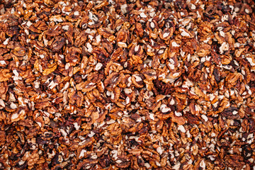 Background from a kernels of walnuts. Close-up texture of heap of unshelled walnuts, overhead view.