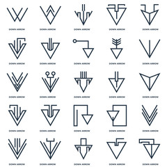 Set Of 25 outline icons such as Down arrow, arrow line icon