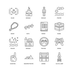 16 linear icons related to Old Oil Lamp, Nuts, Islam, undefined,