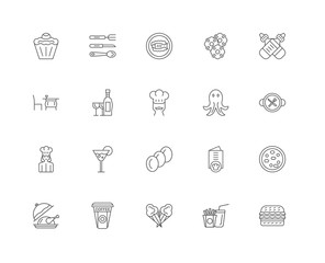 20 linear icons related to Hamburger, Fast food, Ice cream, Coff