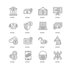 16 linear icons related to Bitcoin, undefined, Bitcoin line sign
